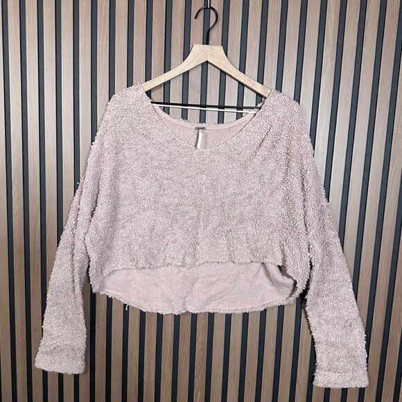 Free People Top Small Womens Pink Terry Fleece High Low Round Neck Fuzzy Sherpa - Picture 1 of 7